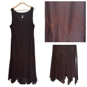 S.L. Fashions Brown Beaded Sleeveless Maxi Slip Dress Handkerchief Hem 24W